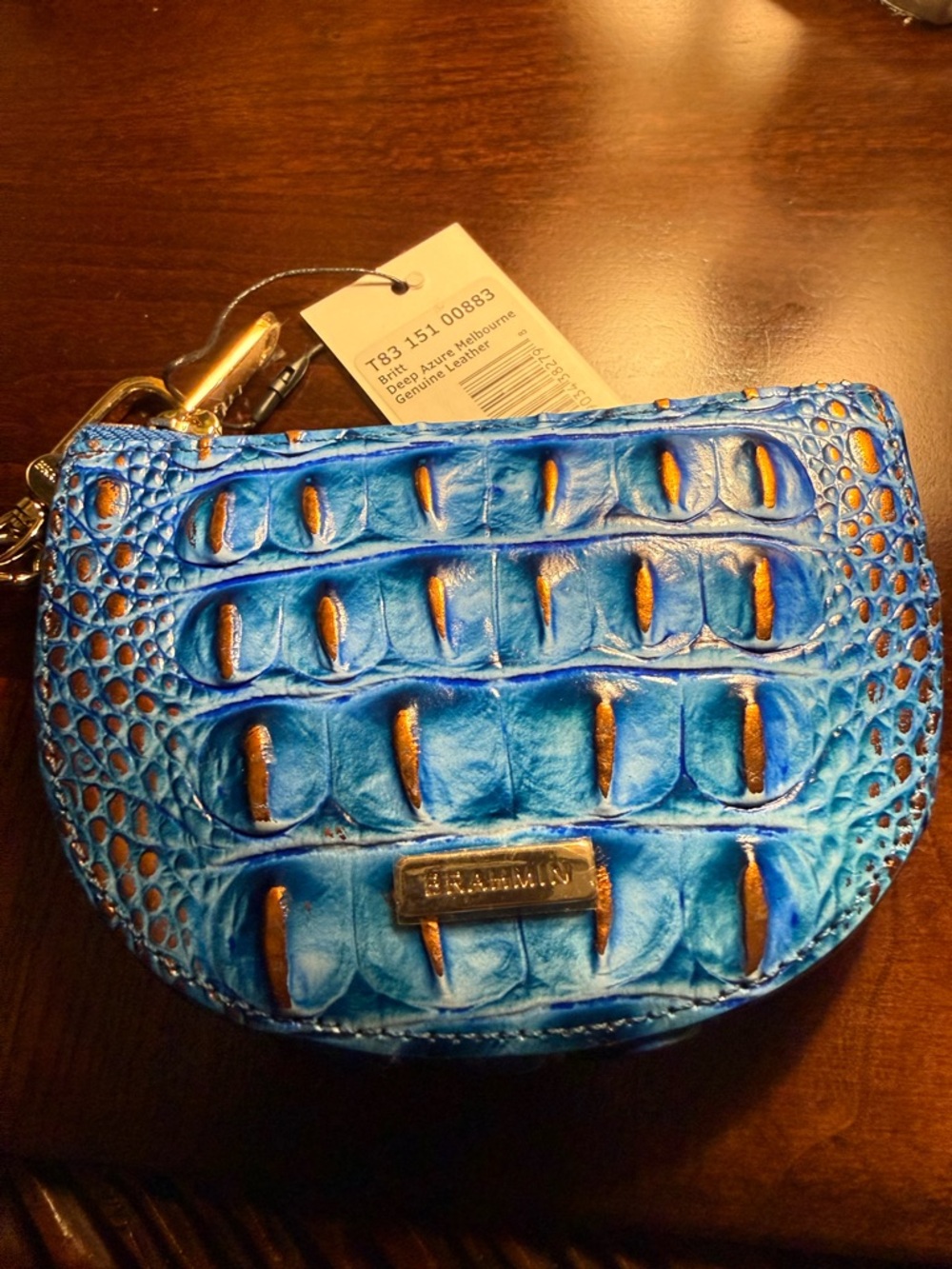 Brahmin Blue Croc-Embossed Leather Wristlet with Gold Accents - Picture 5 of 5
